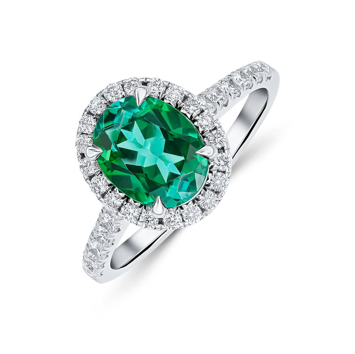 18ct White Gold Oval Green Tourmaline &amp; Diamond Cluster Ring