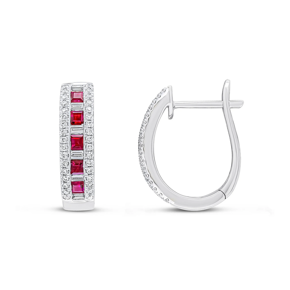 18CT Gold Square Ruby Baguette & Round Diamond Oval Hoop Earrings - Robert Anthony Jewellers, Edinburgh