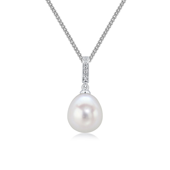 18ct White Gold Pearl &amp; Diamond Line Pendant