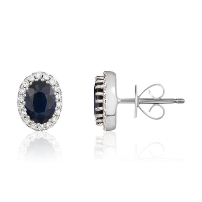 9ct White Gold Oval Sapphire &amp; Diamond Cluster Earrings
