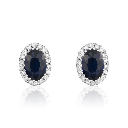 9ct White Gold Oval Sapphire &amp; Diamond Cluster Earrings