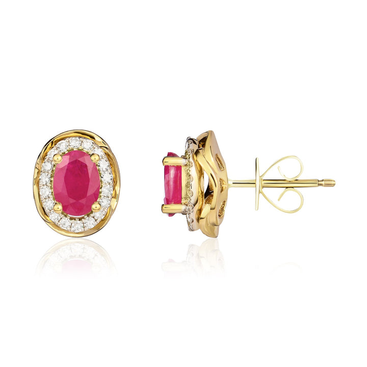 9ct Yellow Gold Oval Ruby & Diamond Halo Cluster Earrings - Robert Anthony Jewellers, Edinburgh