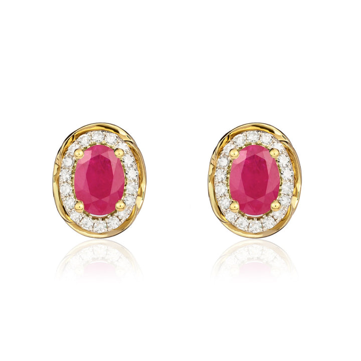 9ct Yellow Gold Oval Ruby & Diamond Halo Cluster Earrings - Robert Anthony Jewellers, Edinburgh