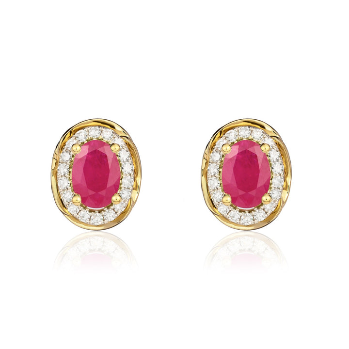 9ct Yellow Gold Oval Ruby &amp; Diamond Halo Cluster Earrings