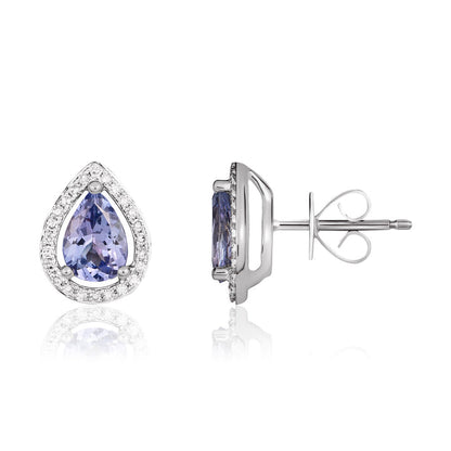 9ct White Gold Pear Shaped Tanzanite &amp; Diamond Halo Cluster Earrings