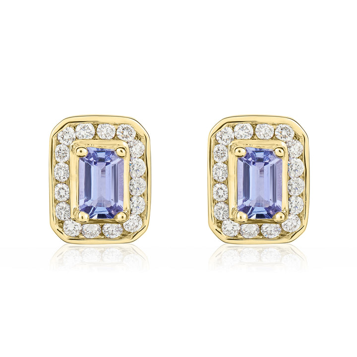9ct Yellow Gold Octagonal Tanzanite & Diamond Cluster Earrings - Robert Anthony Jewellers, Edinburgh
