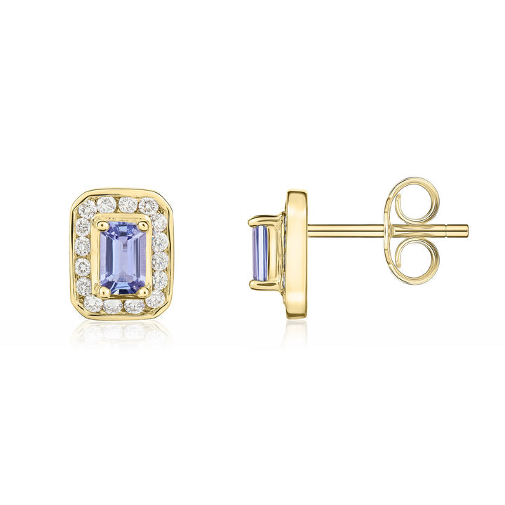 9ct Yellow Gold Octagonal Tanzanite &amp; Diamond Cluster Earrings