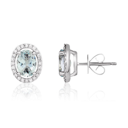 9ct White Gold Oval Aquamarine &amp; Diamond Halo Cluster Earrings