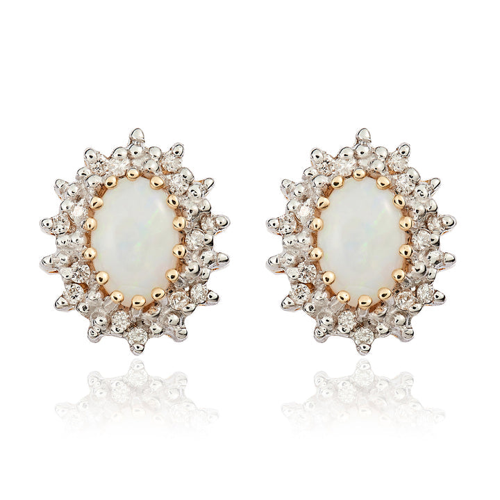 9ct Yellow Gold Oval Opal &amp; Diamond Cluster Earrings