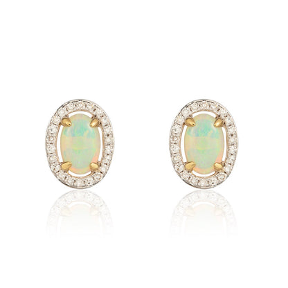 9ct Yellow Gold Oval Opal &amp; Diamond Halo Cluster Earrings