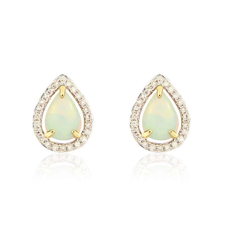 9ct Yellow Gold Pear Shaped Opal &amp; Diamond Halo Cluster Earrings