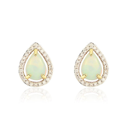 9ct Yellow Gold Pear Shaped Opal &amp; Diamond Halo Cluster Earrings - Robert Anthony Jewellers, Edinburgh