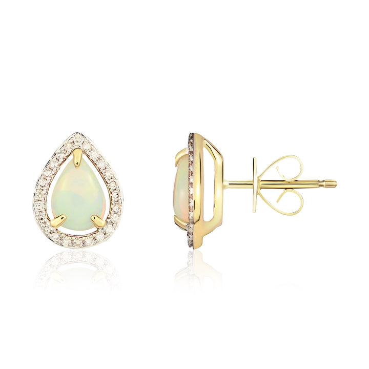 9ct Yellow Gold Pear Shaped Opal &amp; Diamond Halo Cluster Earrings
