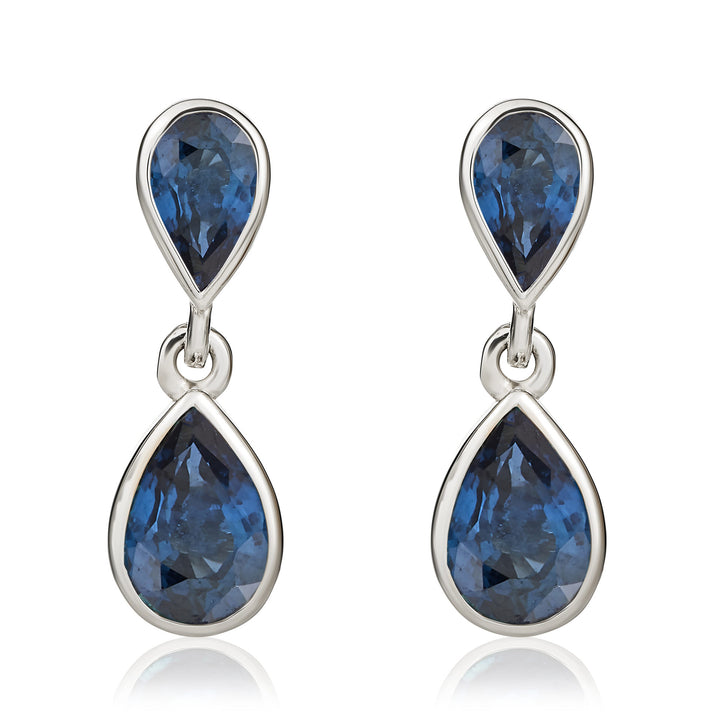 9ct White Gold Pear Shaped Blue Sapphire Double Stone Drop Earrings