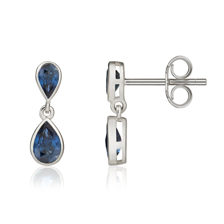 9ct White Gold Pear Shaped Blue Sapphire Double Stone Drop Earrings