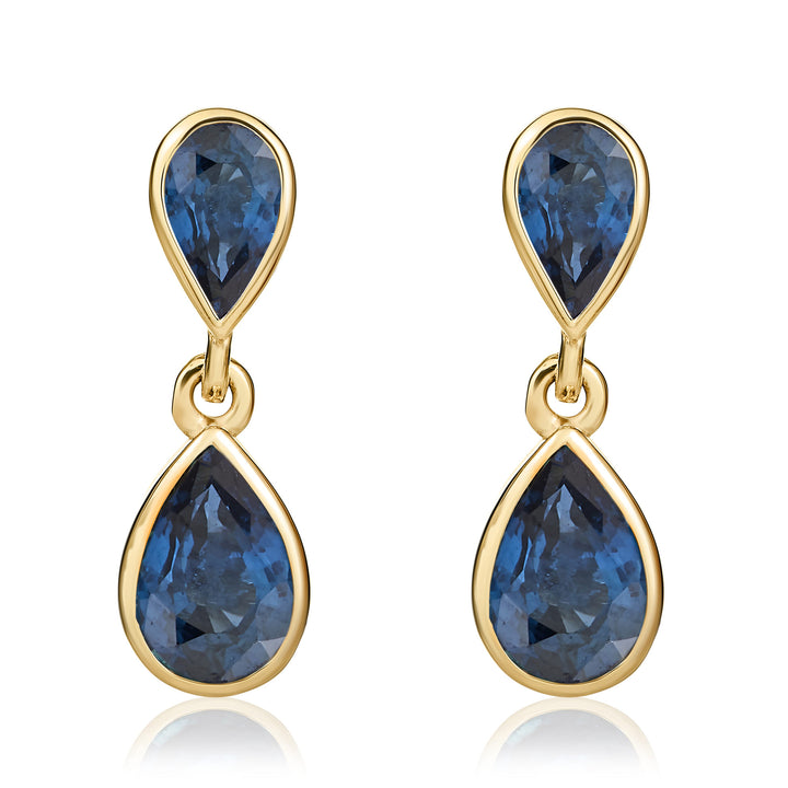 9ct Yellow Gold Pear Shaped Blue Sapphire Double Drop Earrings