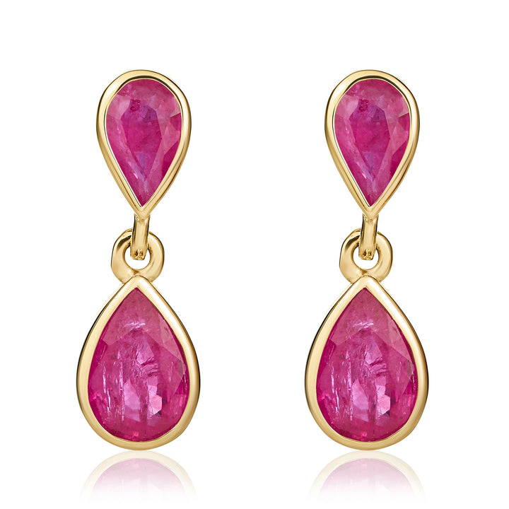 9ct Yellow Gold Pear Shaped Ruby Double Drop Earrings - Robert Anthony Jewellers, Edinburgh