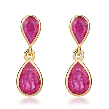 9ct Yellow Gold Pear Shaped Ruby Double Drop Earrings