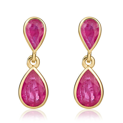 9ct Yellow Gold Pear Shaped Ruby Double Drop Earrings - Robert Anthony Jewellers, Edinburgh