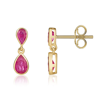 9ct Yellow Gold Pear Shaped Ruby Double Drop Earrings - Robert Anthony Jewellers, Edinburgh