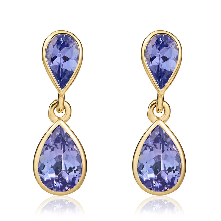 9ct Yellow Gold Pear Shaped Tanzanite Double Drop Earrings - Robert Anthony Jewellers, Edinburgh