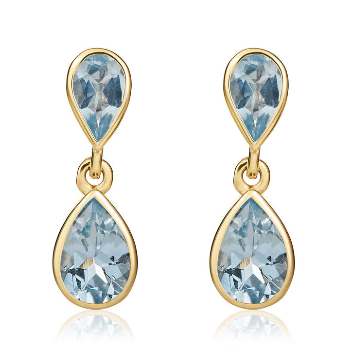9ct Yellow Gold Pear Shaped Aquamarine Double Drop Earrings - Robert Anthony Jewellers, Edinburgh