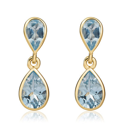 9ct Yellow Gold Pear Shaped Aquamarine Double Drop Earrings - Robert Anthony Jewellers, Edinburgh