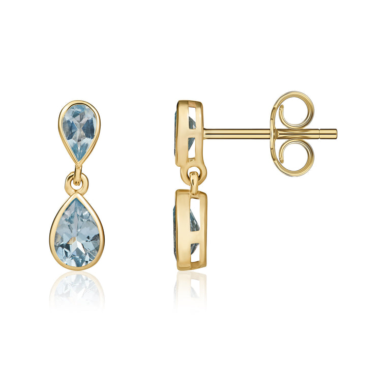 9ct Yellow Gold Pear Shaped Aquamarine Double Drop Earrings - Robert Anthony Jewellers, Edinburgh