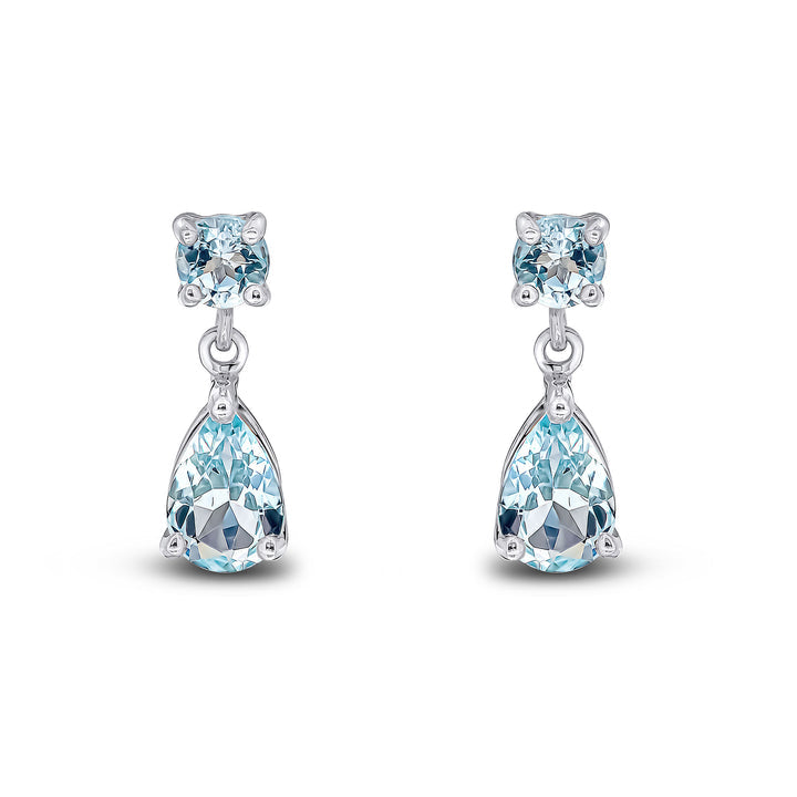 9ct White Gold Round &amp; Pear Shaped Aquamarine Two Stone Drop Earrings