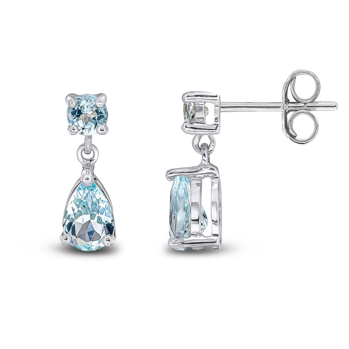 9ct White Gold Round &amp; Pear Shaped Aquamarine Two Stone Drop Earrings