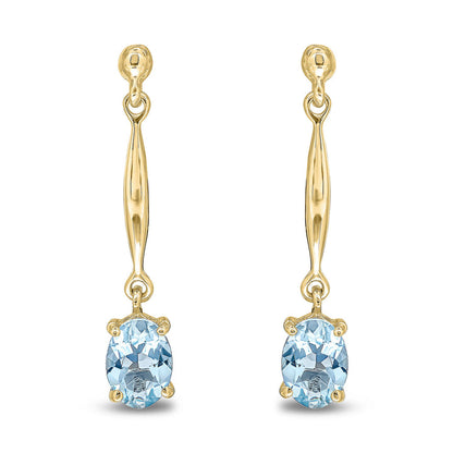 9ct Yellow Gold Oval Aquamarine Claw Bar Drop Earrings