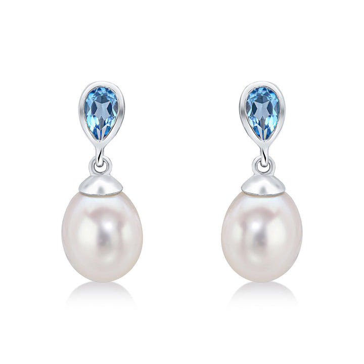 9ct White Gold Pearl &amp; Swiss Blue Topaz Drop Earrings