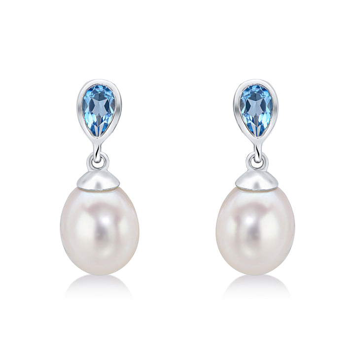 9ct White Gold Pearl &amp; Swiss Blue Topaz Drop Earrings - Robert Anthony Jewellers, Edinburgh