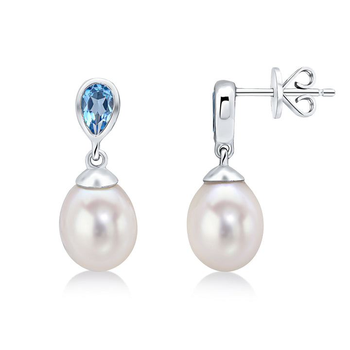 9ct White Gold Pearl &amp; Swiss Blue Topaz Drop Earrings