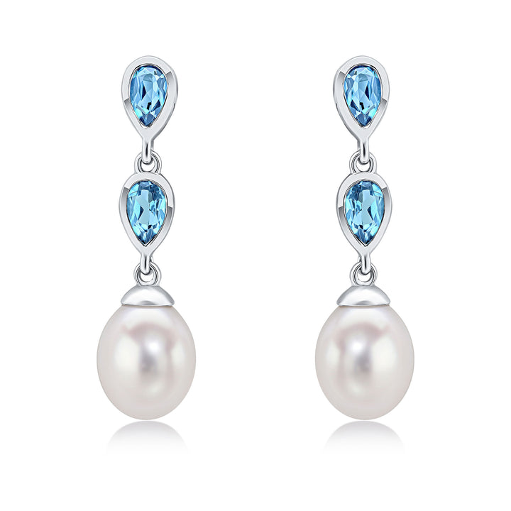 9ct White Gold Pearl &amp; Swiss Blue Topaz Double Drop Earrings - Robert Anthony Jewellers, Edinburgh