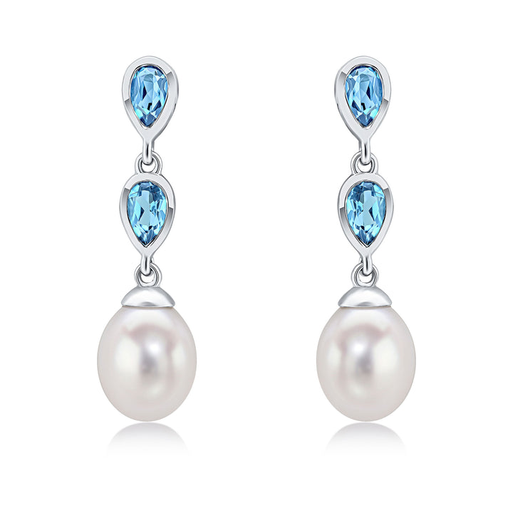 9ct White Gold Pearl & Swiss Blue Topaz Double Drop Earrings - Robert Anthony Jewellers, Edinburgh
