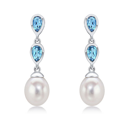 9ct White Gold Pearl &amp; Swiss Blue Topaz Double Drop Earrings
