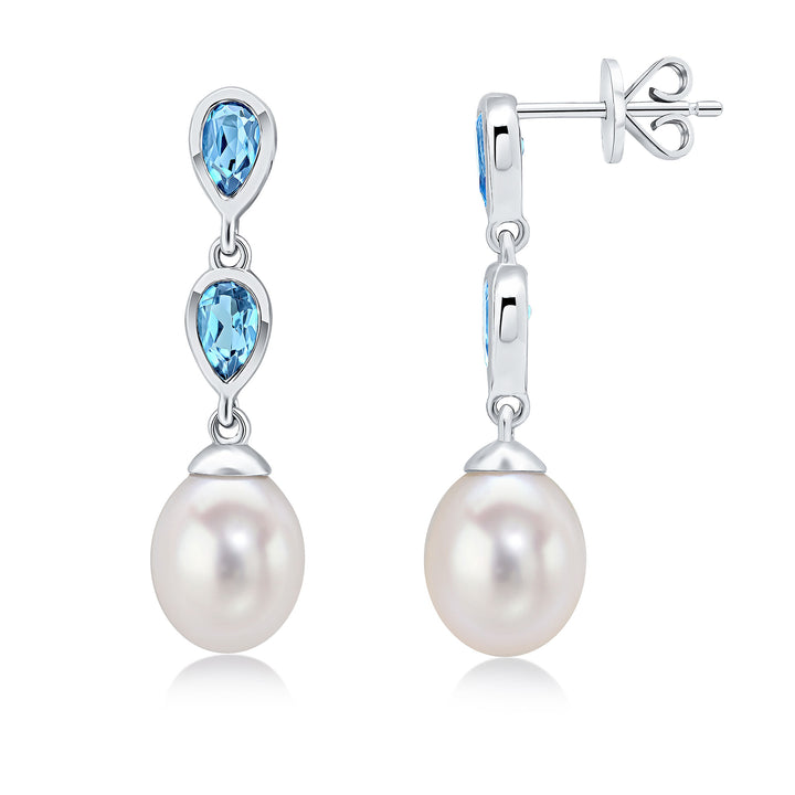 9ct White Gold Pearl & Swiss Blue Topaz Double Drop Earrings - Robert Anthony Jewellers, Edinburgh