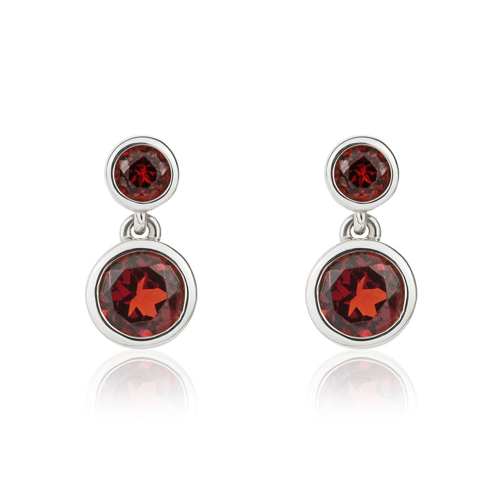 9ct White Gold Round Garnet Double Drop Earrings