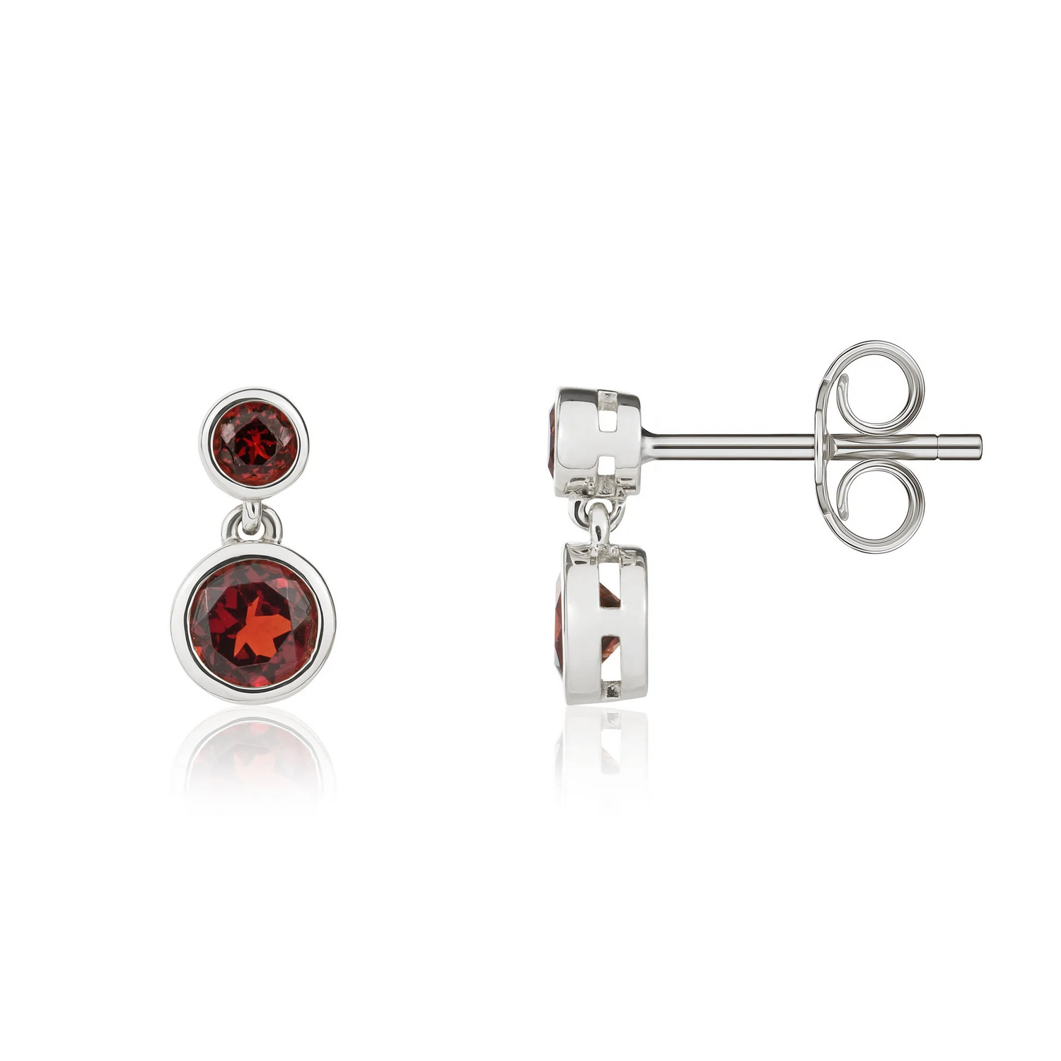 9CT Gold Round Garnet Double Stone Rubover Drop Earrings - Robert Anthony Jewellers, Edinburgh