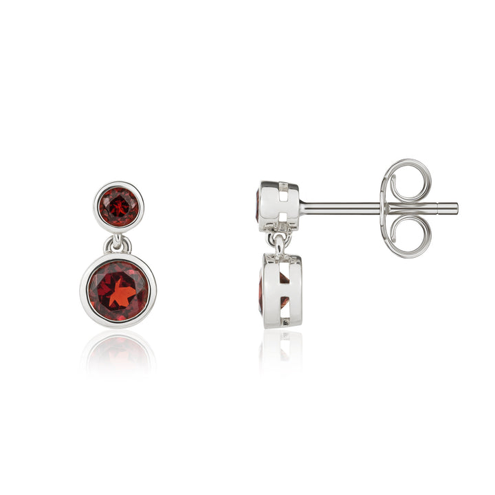 9ct White Gold Round Garnet Double Drop Earrings