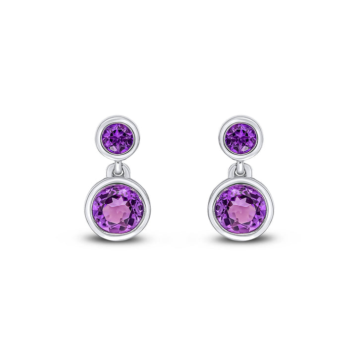 9ct White Gold Round Amethyst Double Drop Earrings