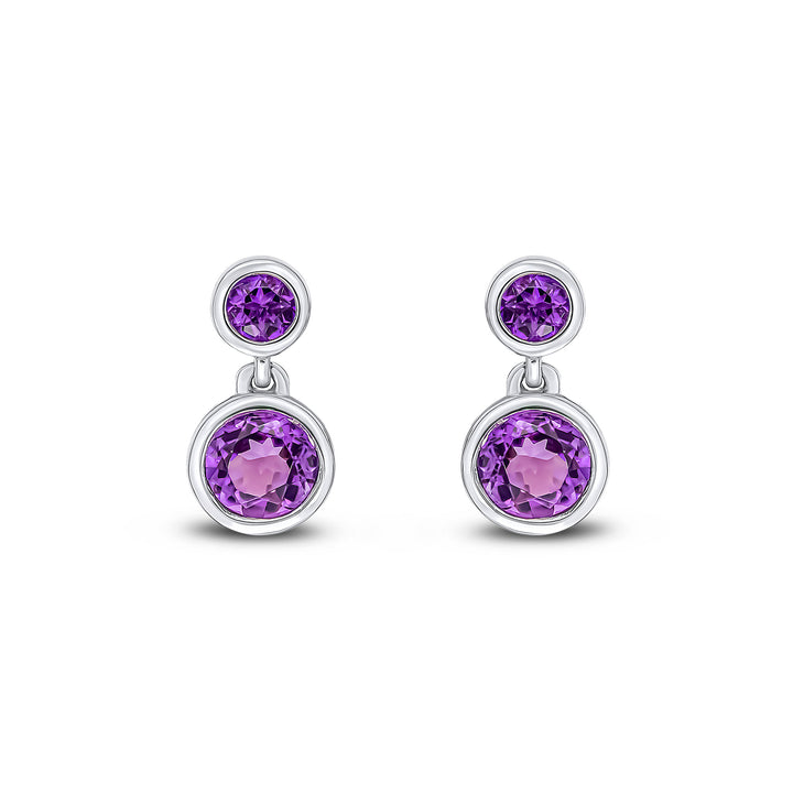 9ct White Gold Round Amethyst Double Drop Earrings - Robert Anthony Jewellers, Edinburgh
