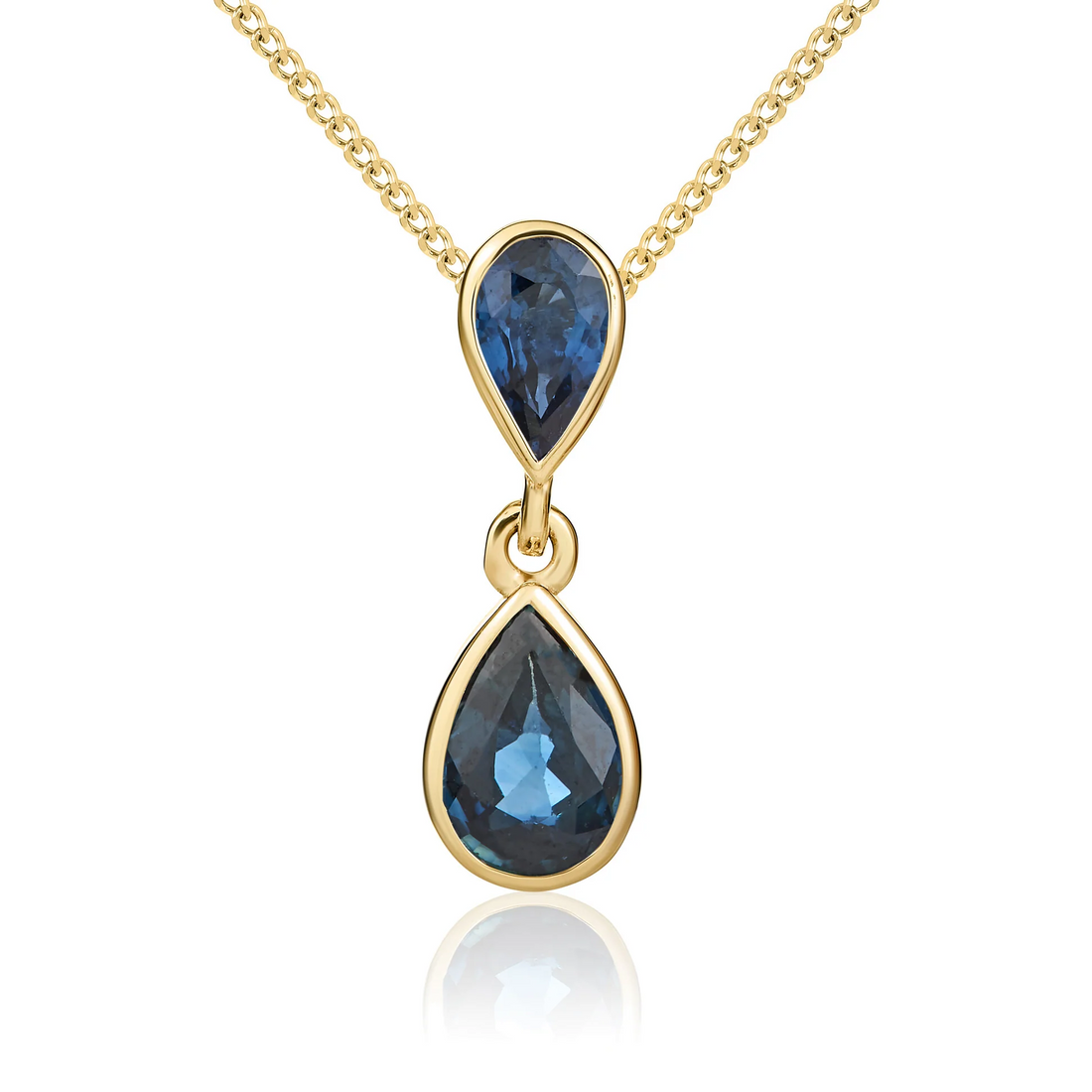 9CT Gold Pear Shaped Blue Sapphire Rubover Double Drop Pendant - Robert Anthony Jewellers, Edinburgh