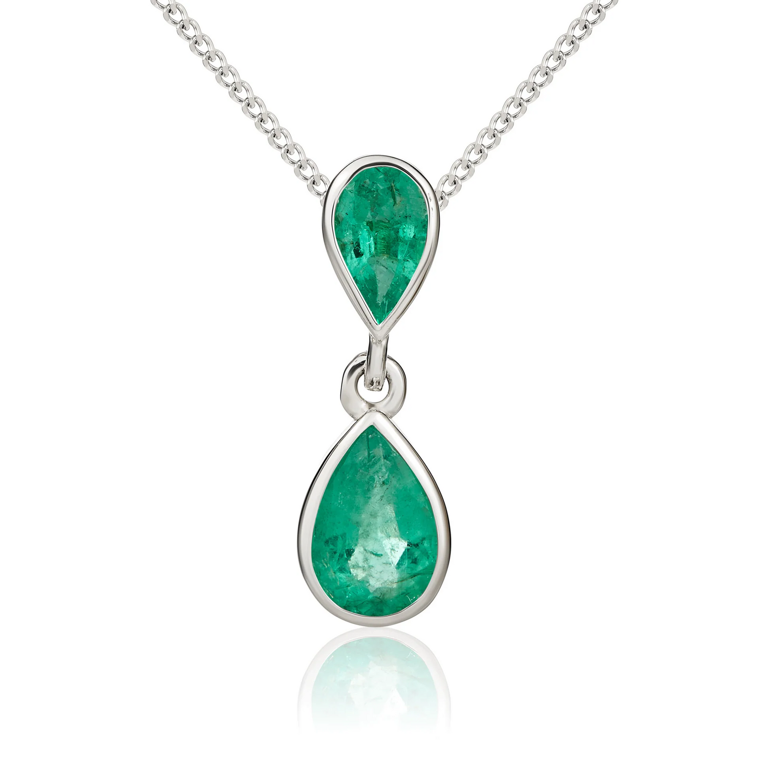 9CT Gold Pear Shaped Emerald Rubover Double Drop Pendant