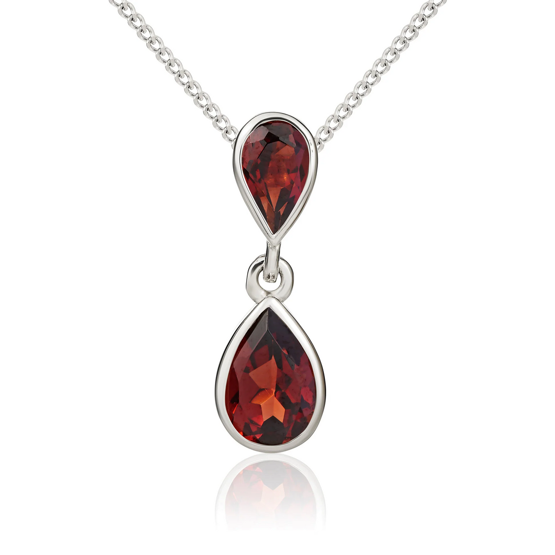 9CT Gold Pear Shaped Garnet Rubover Double Drop Pendant - Robert Anthony Jewellers, Edinburgh