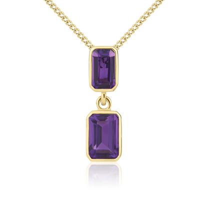 9CT Gold Octagonal Amethyst Rubover Double Drop Pendant - Robert Anthony Jewellers, Edinburgh