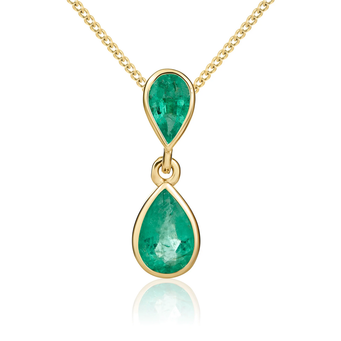 9CT Gold Pear Shaped Emerald Rubover Double Drop Pendant - Robert Anthony Jewellers, Edinburgh