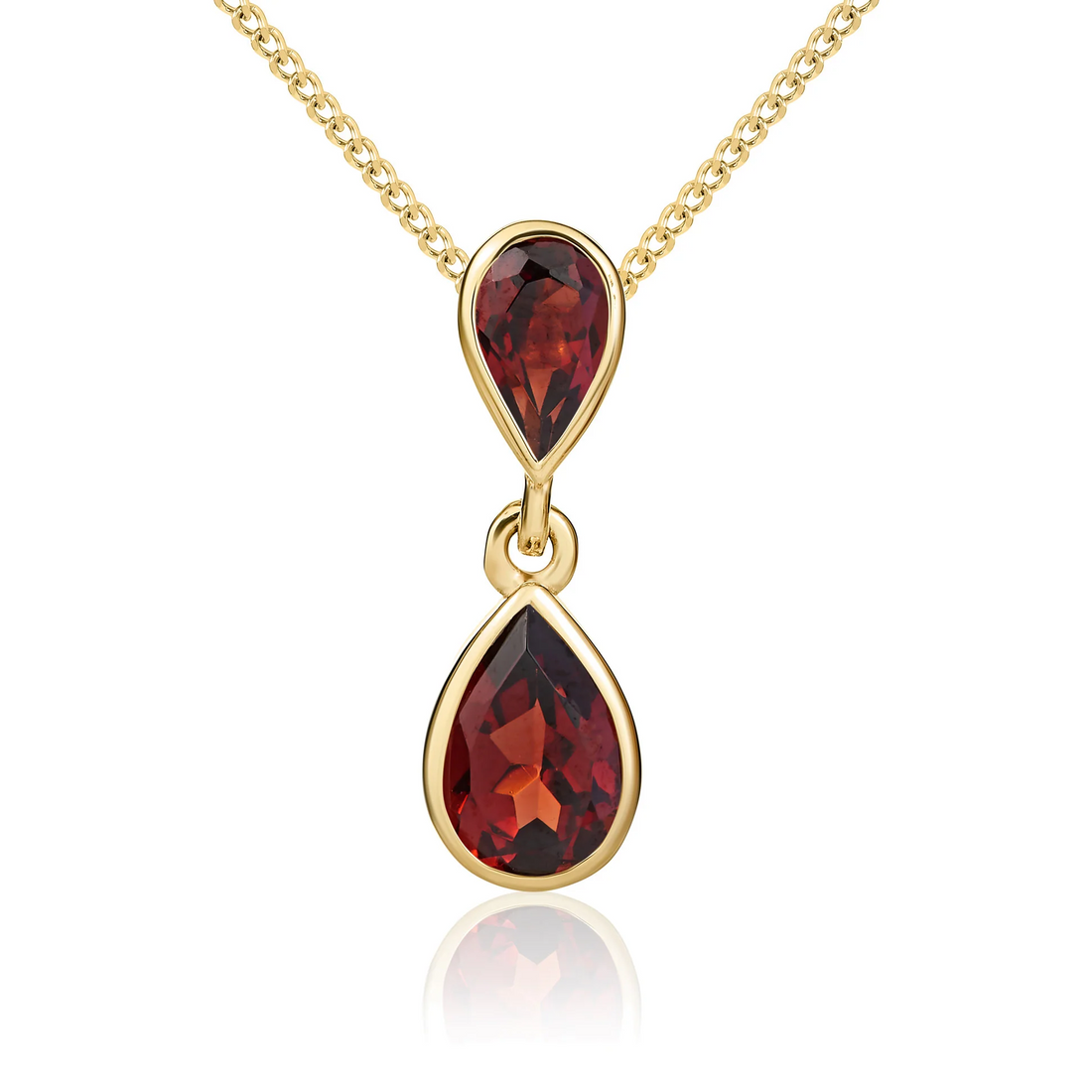 9CT Gold Pear Shaped Garnet Rubover Double Drop Pendant - Robert Anthony Jewellers, Edinburgh