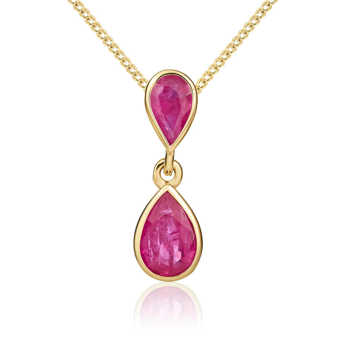 9CT Gold Pear Shaped Ruby Rubover Double Drop Pendant